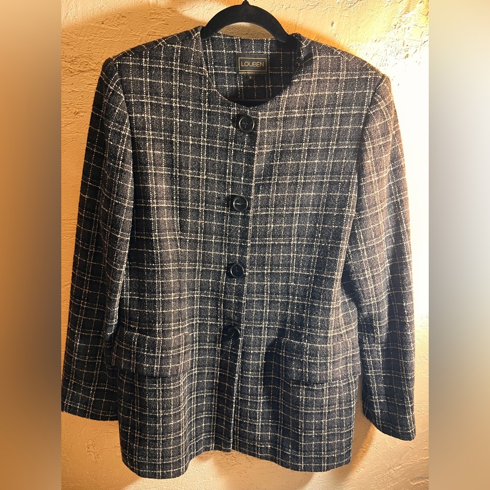 Vintage Louben Black Plaid Wool Blazer Jacket 6